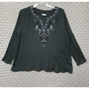 J.Jill Thermal Top Blouse Womens L Petite Floral Embroidered Paisley Olive Green